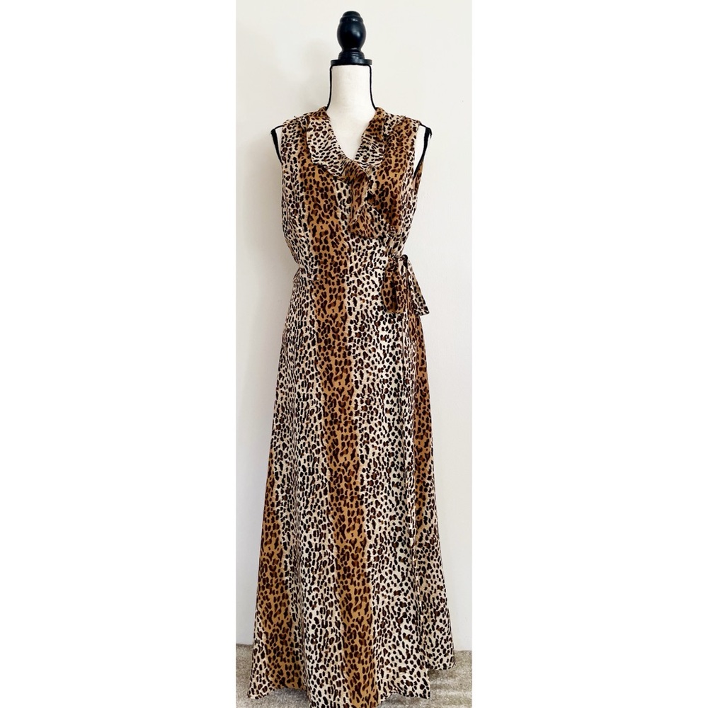 Vintage 80s Leopard Print Ruffle Wrap Maxi Dress